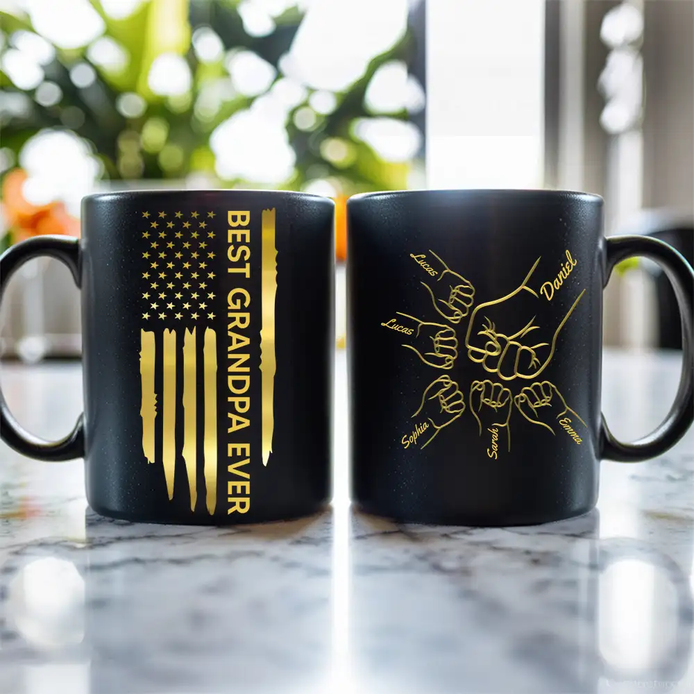 Custom Black Full Color Mug – Grandfather Father’s Day Gift with Kids' Names and American Flag - Image 3