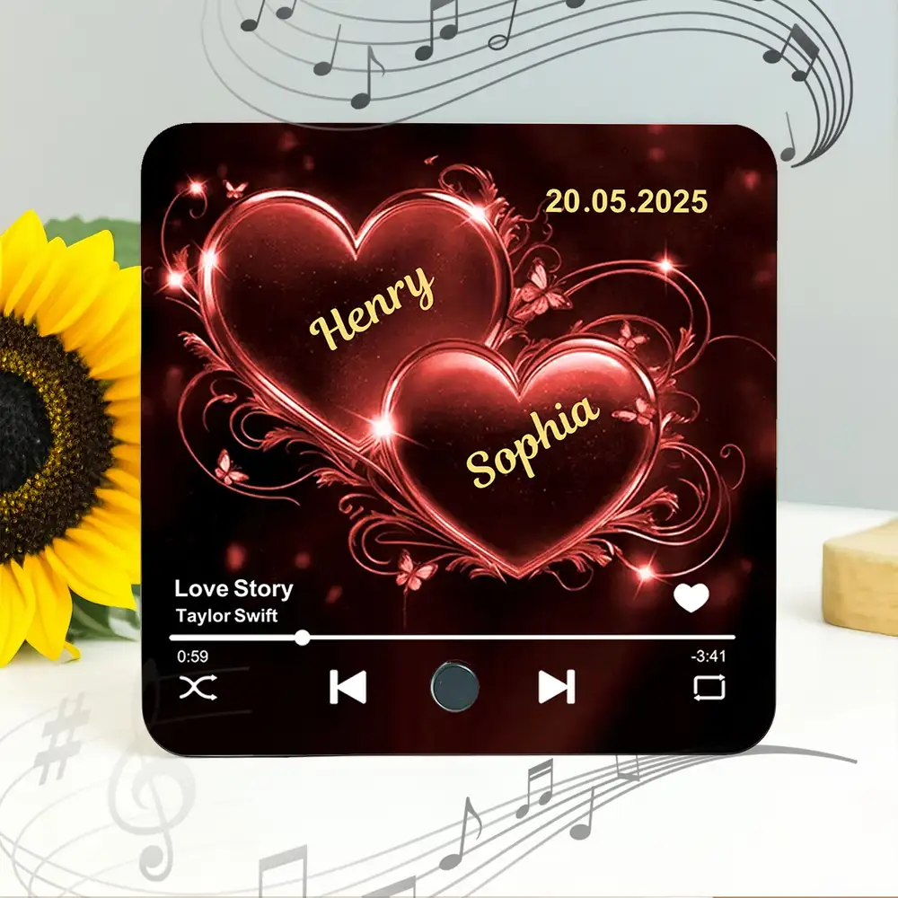 Romantic Acrylic Music Magnet – Couple’s Names in Golden Hearts with Favorite Song Display