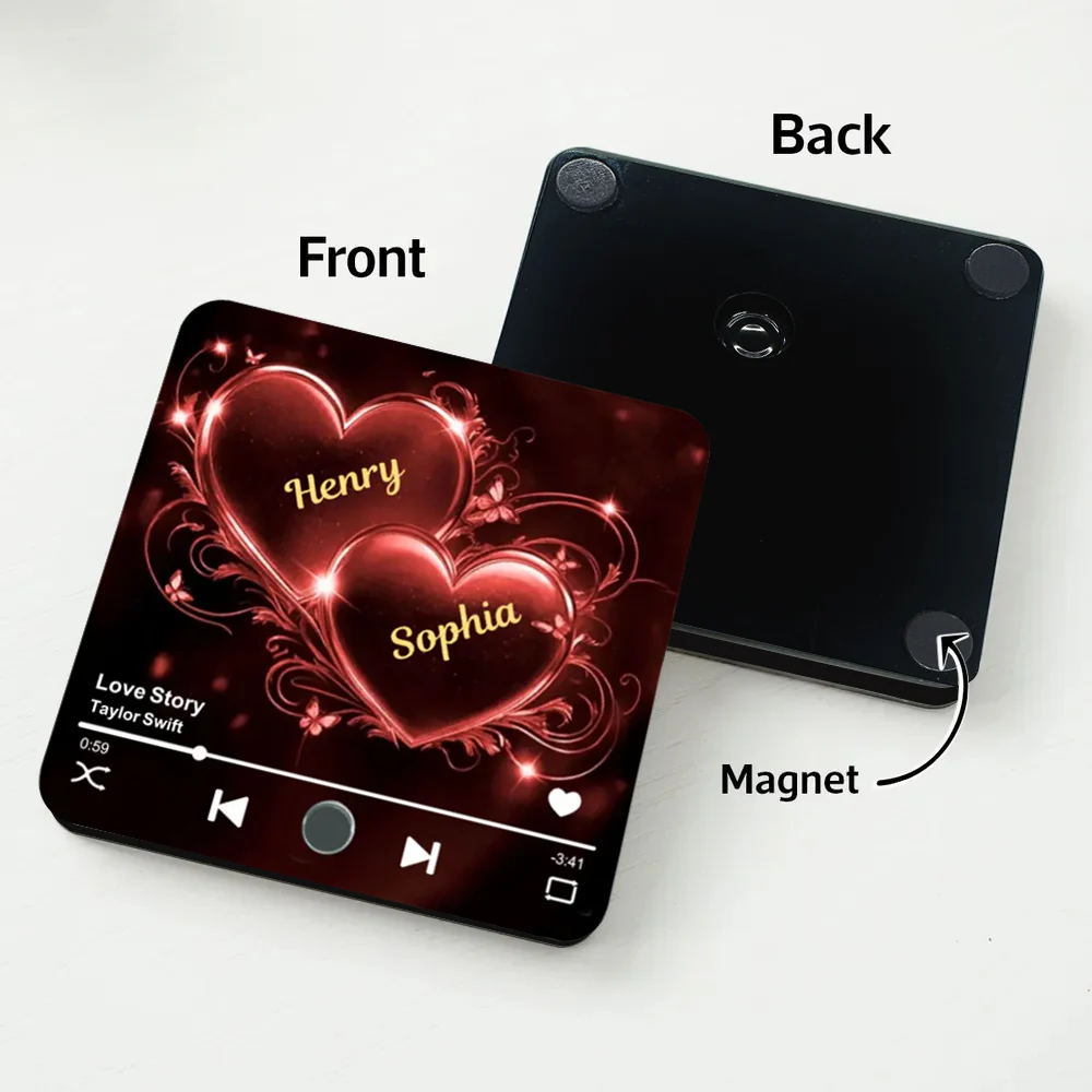 Romantic Acrylic Music Magnet – Couple’s Names in Golden Hearts with Favorite Song Display - Image 5