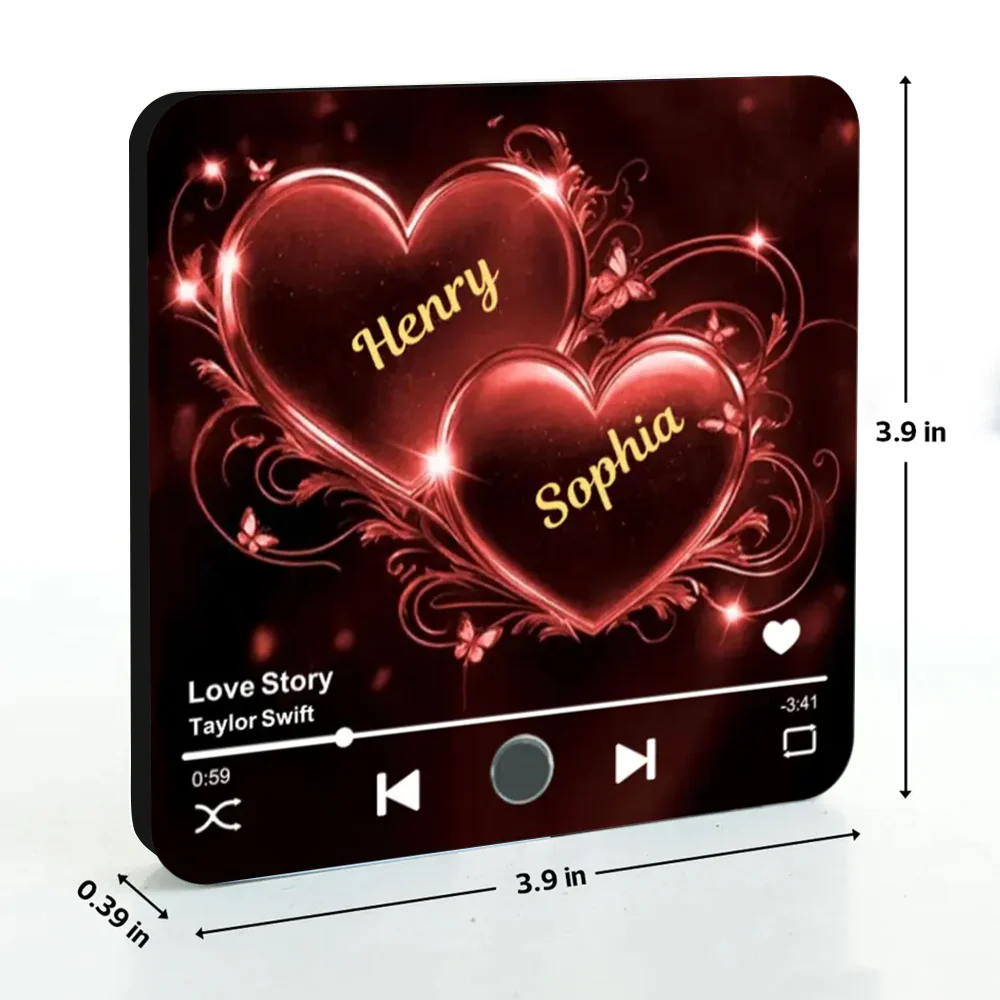 Romantic Acrylic Music Magnet – Couple’s Names in Golden Hearts with Favorite Song Display - Image 6