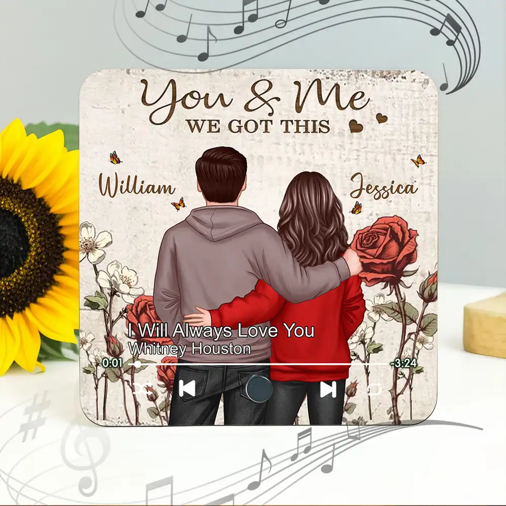 “You & Me – We Got This” Rustic Flower Music Magnet – Embracing Couple, Personalized Anniversary Keepsake