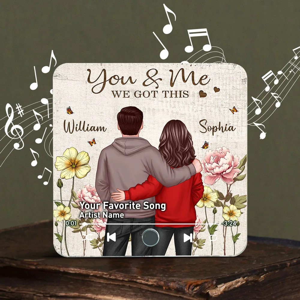 “You & Me – We Got This” Rustic Flower Music Magnet – Embracing Couple, Personalized Anniversary Keepsake - Image 3