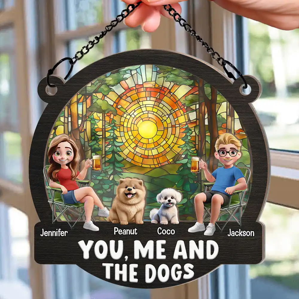 "You, Me and The Dogs" Personalized Ornament – Tropical Sunset Wood & Acrylic Layered Couple Gift - Image 5