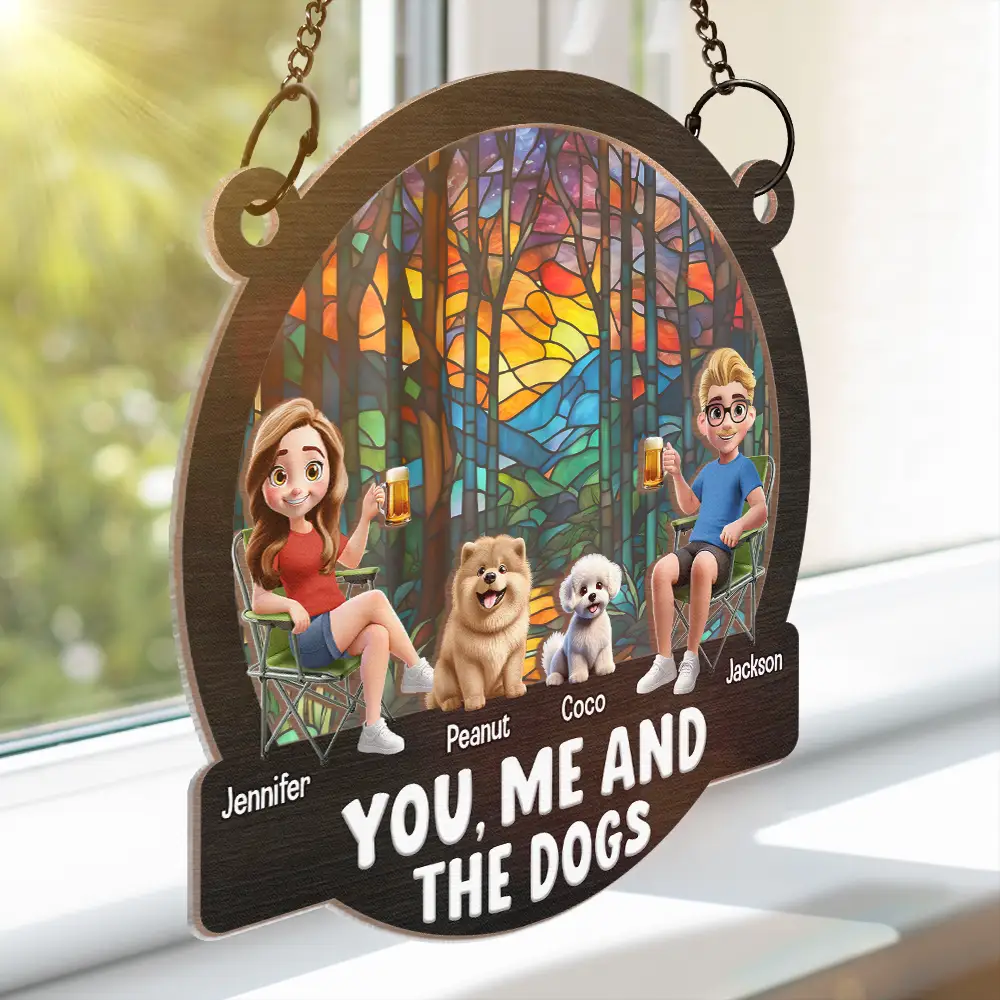 "You, Me and The Dogs" Personalized Ornament – Tropical Sunset Wood & Acrylic Layered Couple Gift - Image 7
