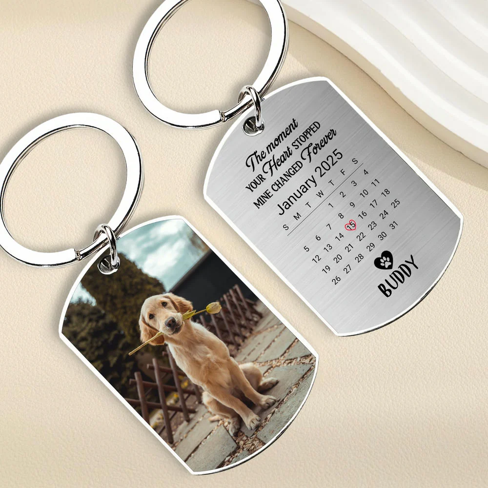 Pet Memorial Metal Keychain – “The Moment Your Heart Stopped, Mine Changed Forever” with Calendar & Photo - Image 2