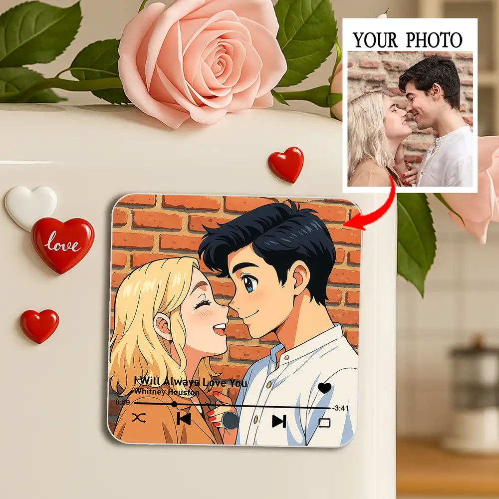 "Anime-Style Couple Acrylic Music Magnet – Custom Photo & Song" - Image 2