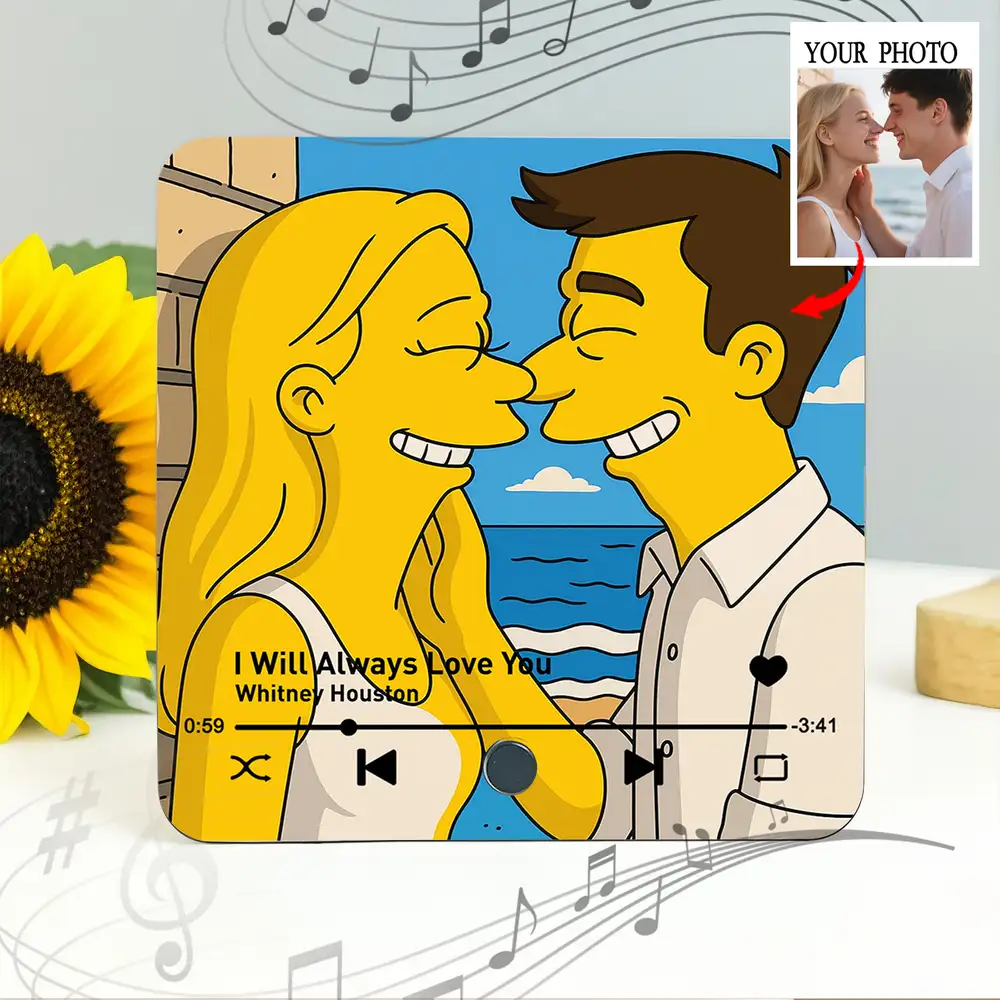 "Simpsons-Style Couple Acrylic Music Magnet – Custom Photo & Song" - Image 2
