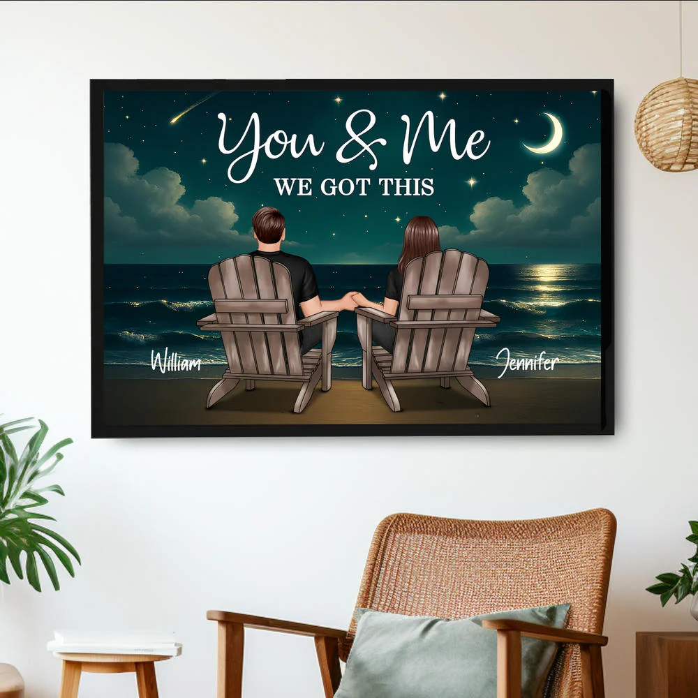 "You & Me We Got This" Romantic Poster – Custom Names and Couple Illustration Under Night Sky