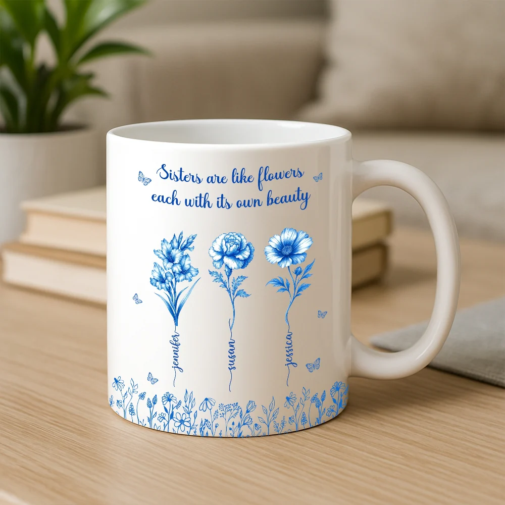 Sisterhood Mug with Names and Flowers – Personalized Floral Gift for Sister or Best Friend - Image 4