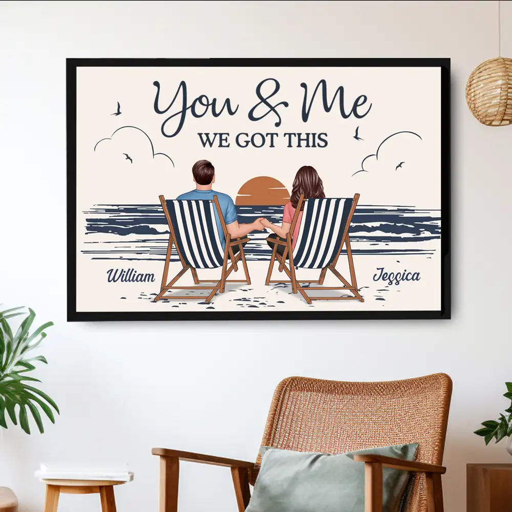 "You & Me We Got This – Custom Line-Art Poster with Sunset Beach Scene" - Image 2