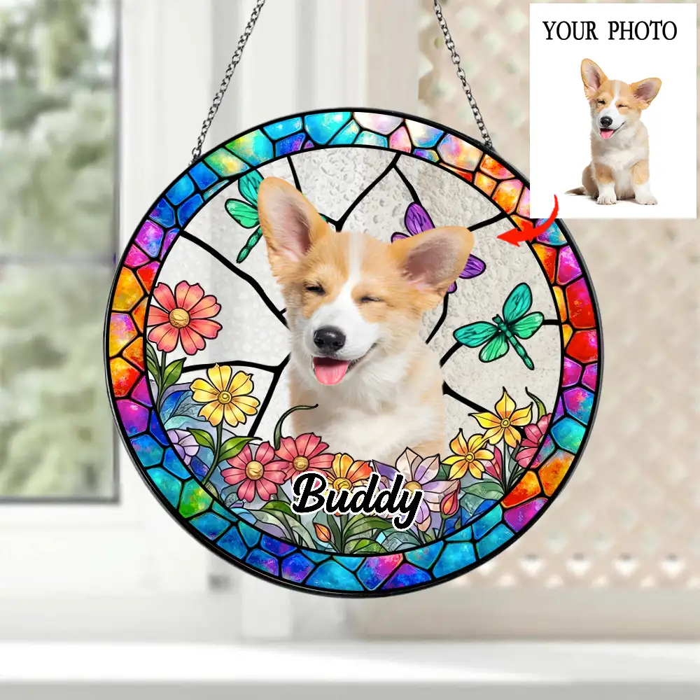 Custom Pet Suncatcher Ornament – Personalized Dog Photo Gift with Floral and Stained Glass Design