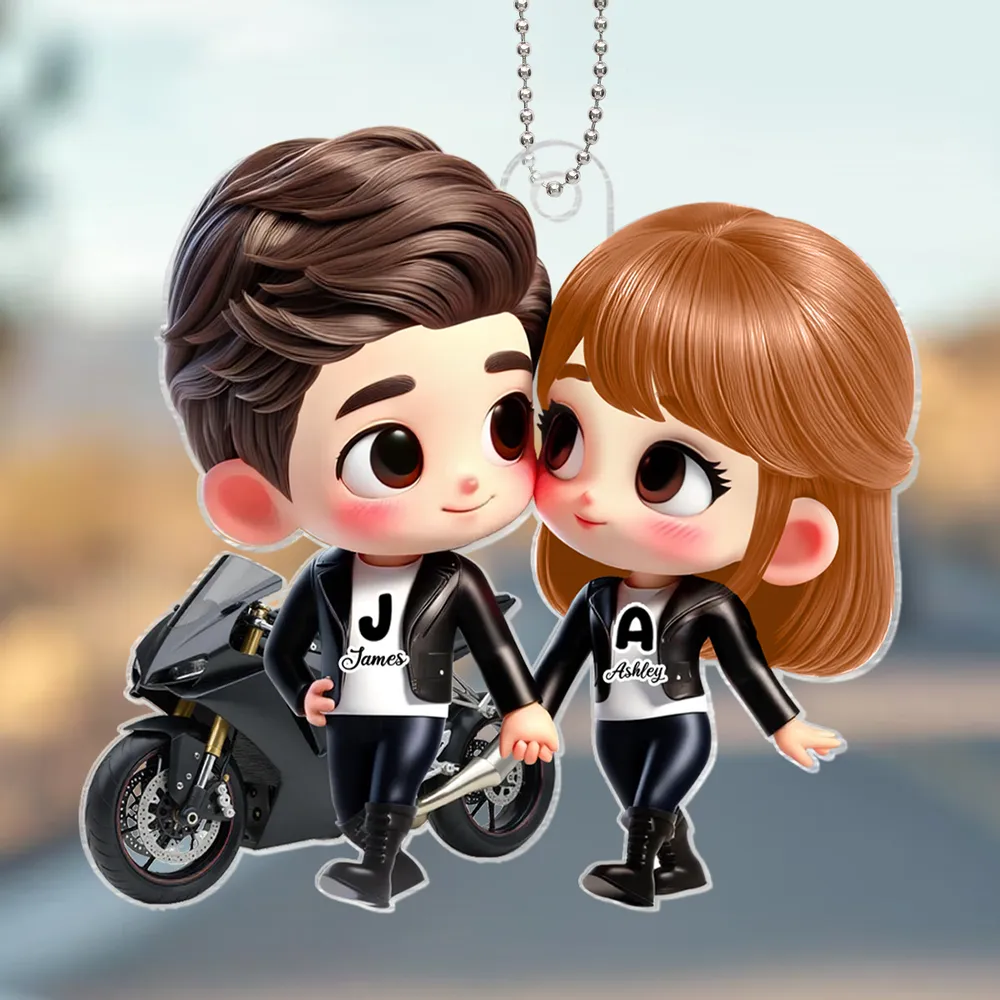 His & Her Initials Biker Couple Acrylic Car Hanger – Creative Gift for Lovers - Image 5