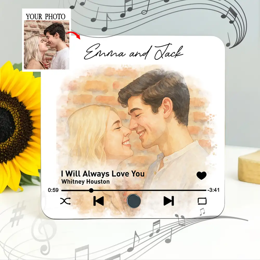 Personalized Couple Music Magnet – Custom Watercolor Photo Art with Song for Your Special Day