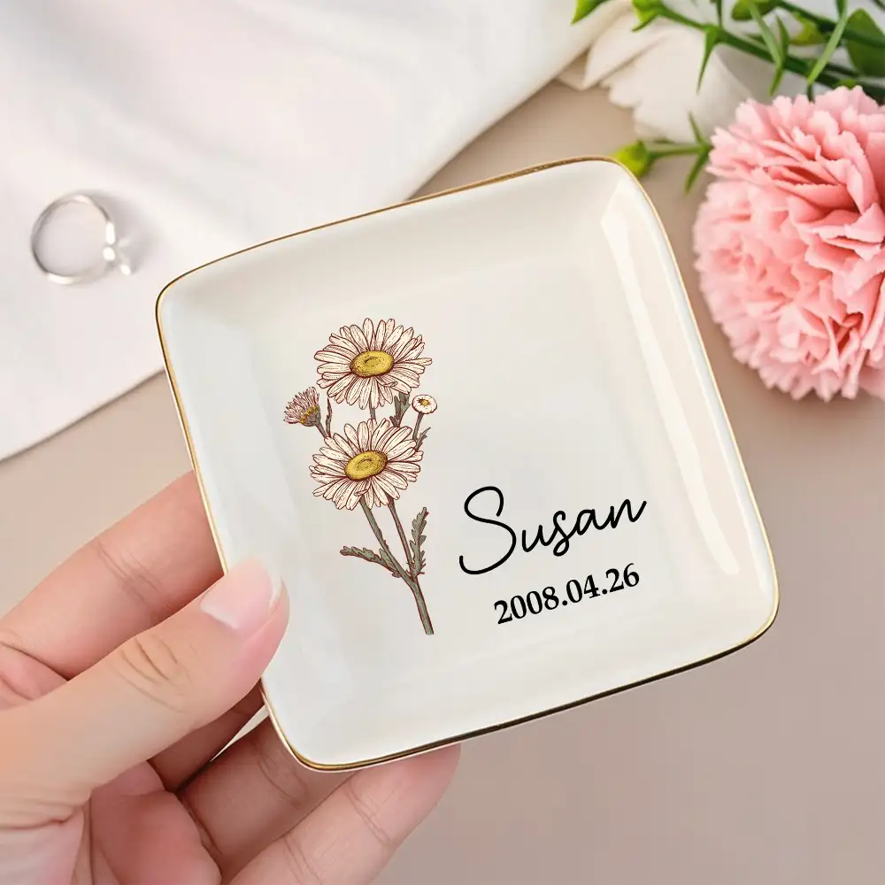 Personalized Jewelry Dish – Birth Month Flower Ring Tray with Name and Date - Image 2