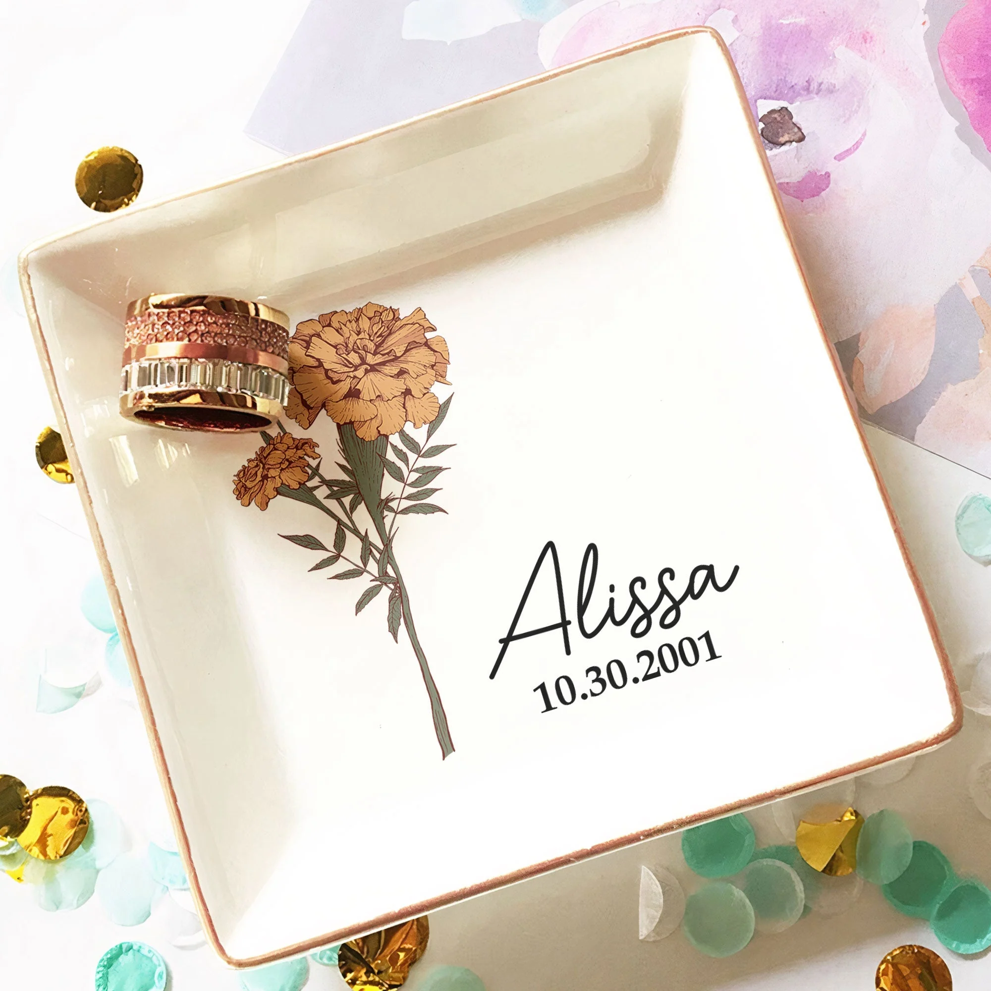 Personalized Jewelry Dish – Birth Month Flower Ring Tray with Name and Date - Image 4