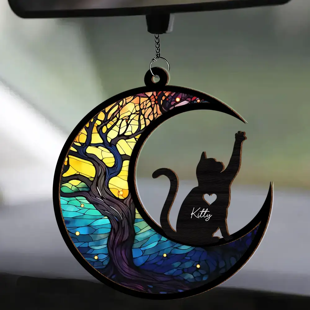 Cat Lover Gift – Layered Wood & Acrylic Ornament with Pet Name and Moon Design - Image 2