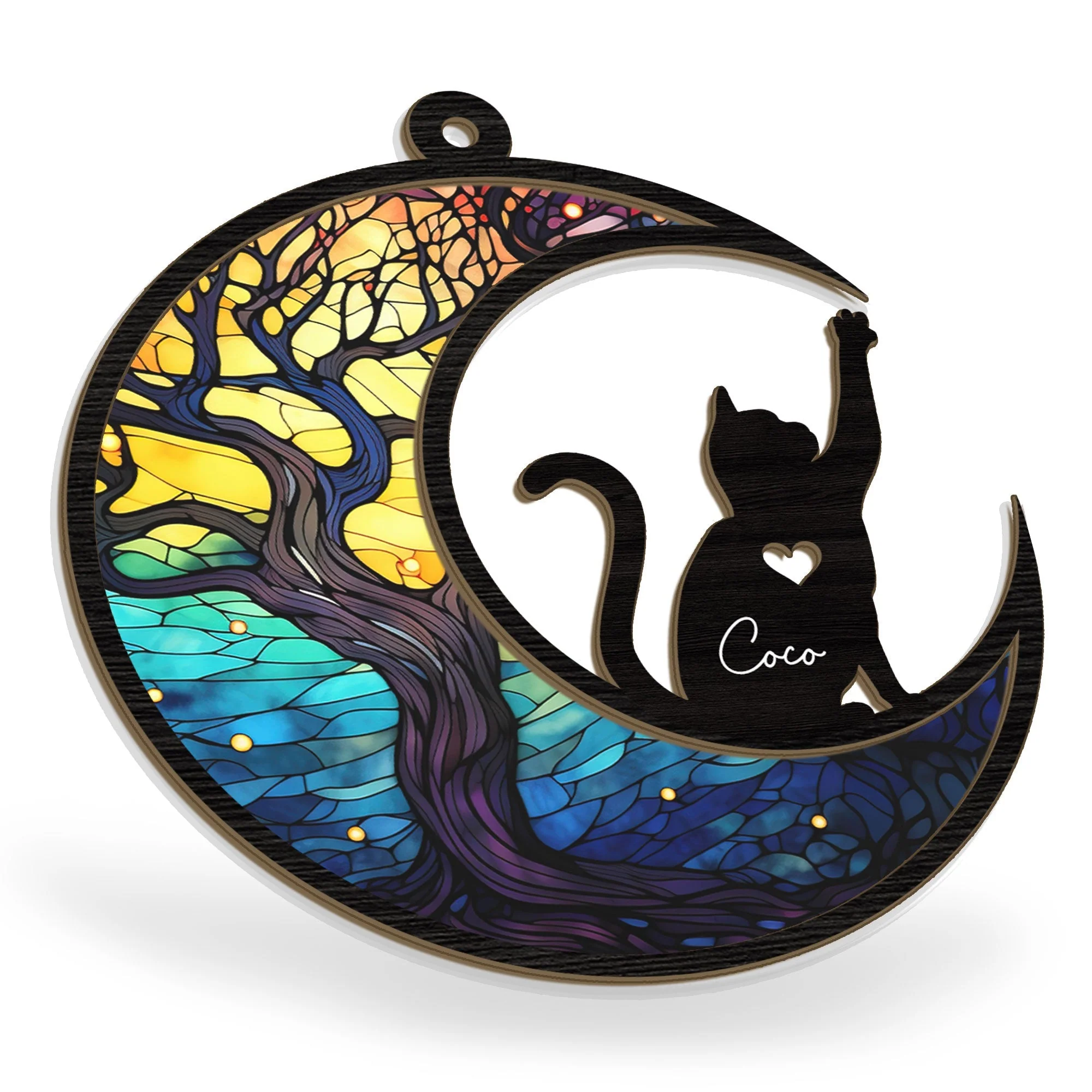 Cat Lover Gift – Layered Wood & Acrylic Ornament with Pet Name and Moon Design - Image 4