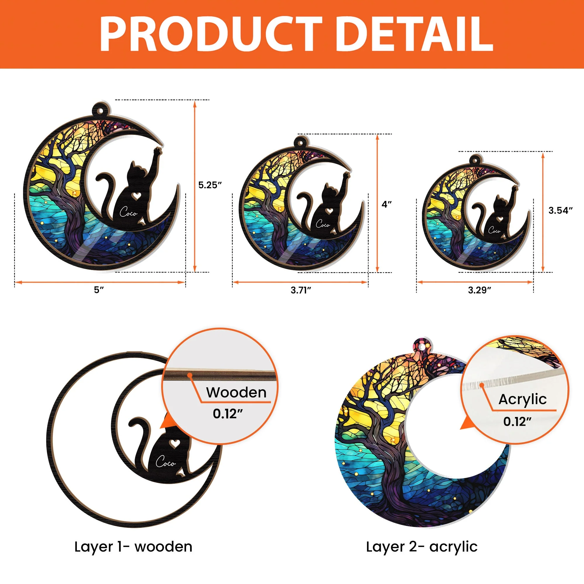 Cat Lover Gift – Layered Wood & Acrylic Ornament with Pet Name and Moon Design - Image 5