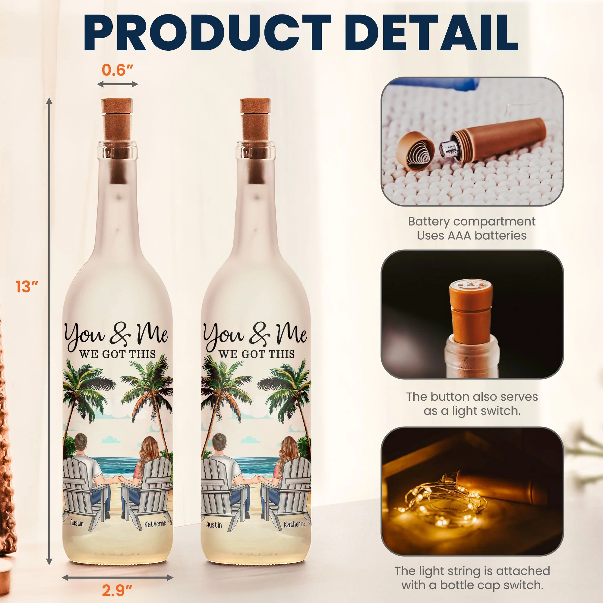 You & Me We Got This – Custom Beach Couple Bottle Lamp, Romantic Gift for Partner - Image 4