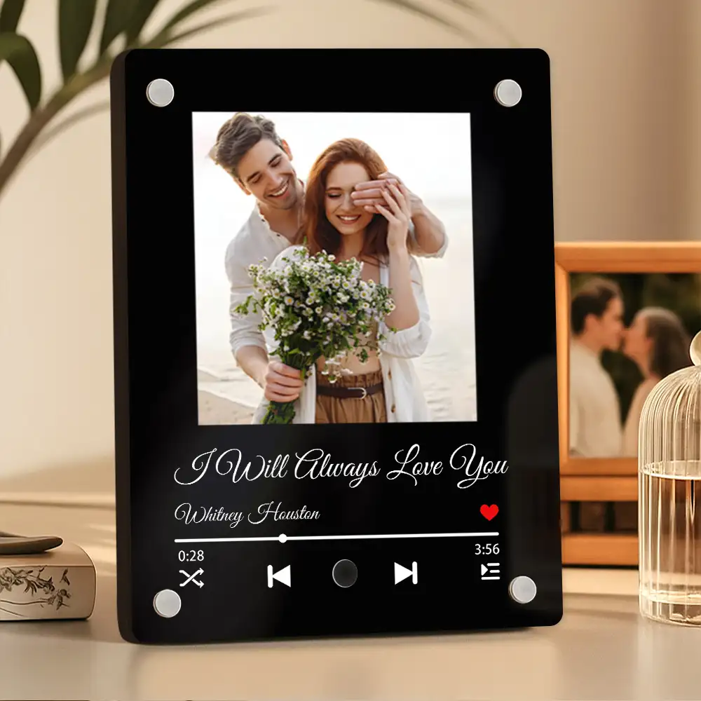 Custom Anniversary Acrylic Music Frame – Date, Names, and Photo with Favorite Song Display