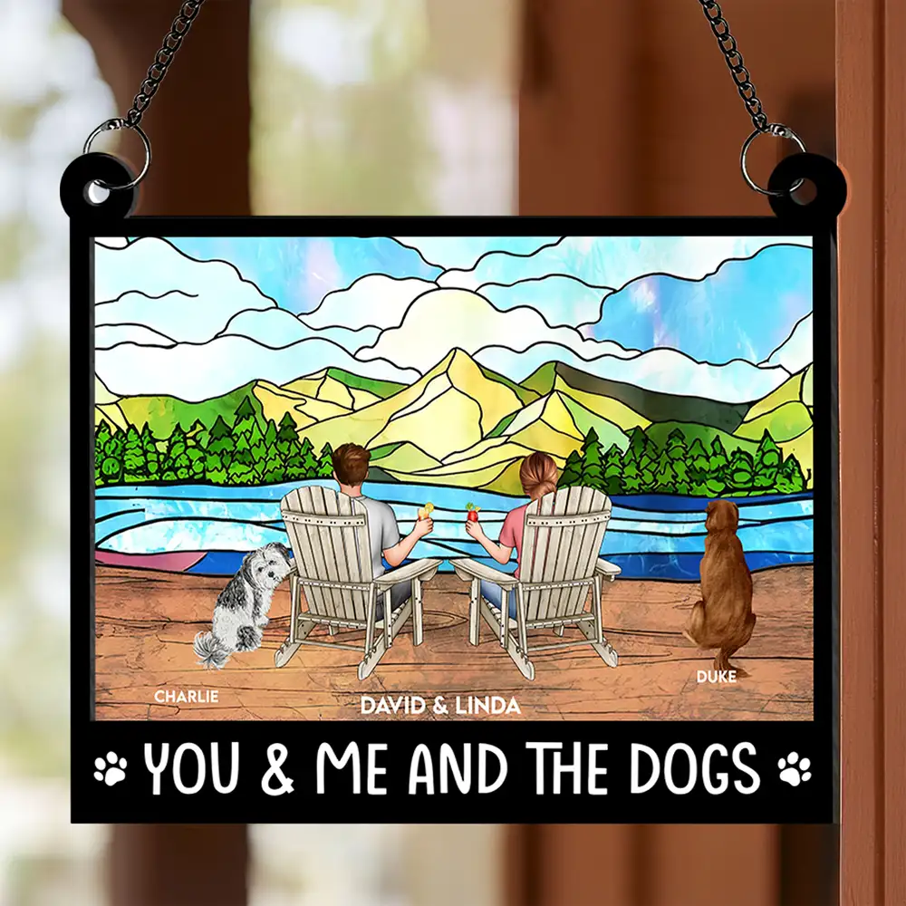 You & Me and the Dogs Mountain Sunset Wood and Acrylic Ornament – Personalized Gift for Couples and Dog Lovers
