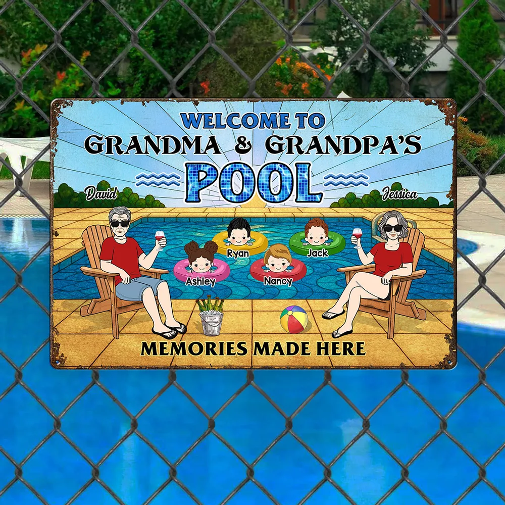 Welcome To Grandma & Grandpa’s Pool Sign – Personalized Rectangular Iron Sign, Summer Gift for Grandparents with Kids in Pool Scene, Custom Name Family Pool Decor - Image 4