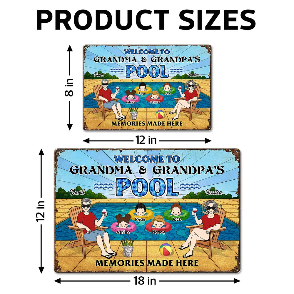 Welcome To Grandma & Grandpa’s Pool Sign – Personalized Rectangular Iron Sign, Summer Gift for Grandparents with Kids in Pool Scene, Custom Name Family Pool Decor - Image 7