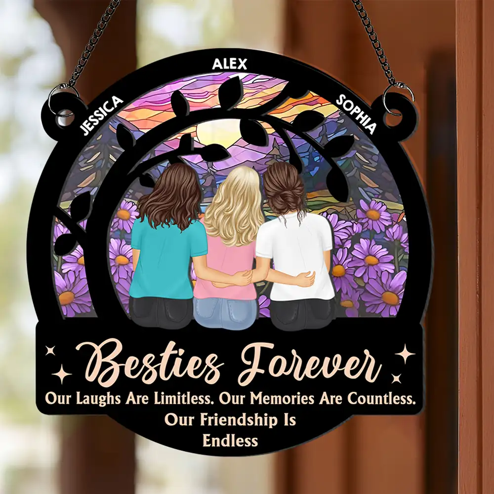 “Besties Forever” Layered Wood & Acrylic Sun-Catcher – Custom Friend Names