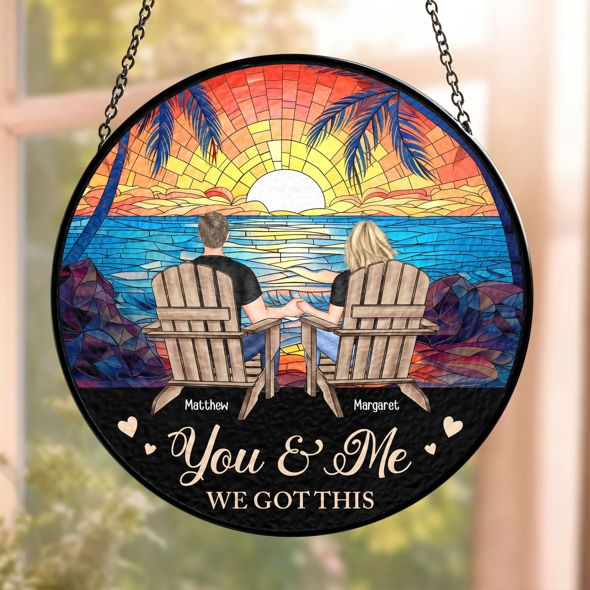 Custom Couple Glass Suncatcher Ornament – "You & Me, We Got This" Love Symbol - Image 3