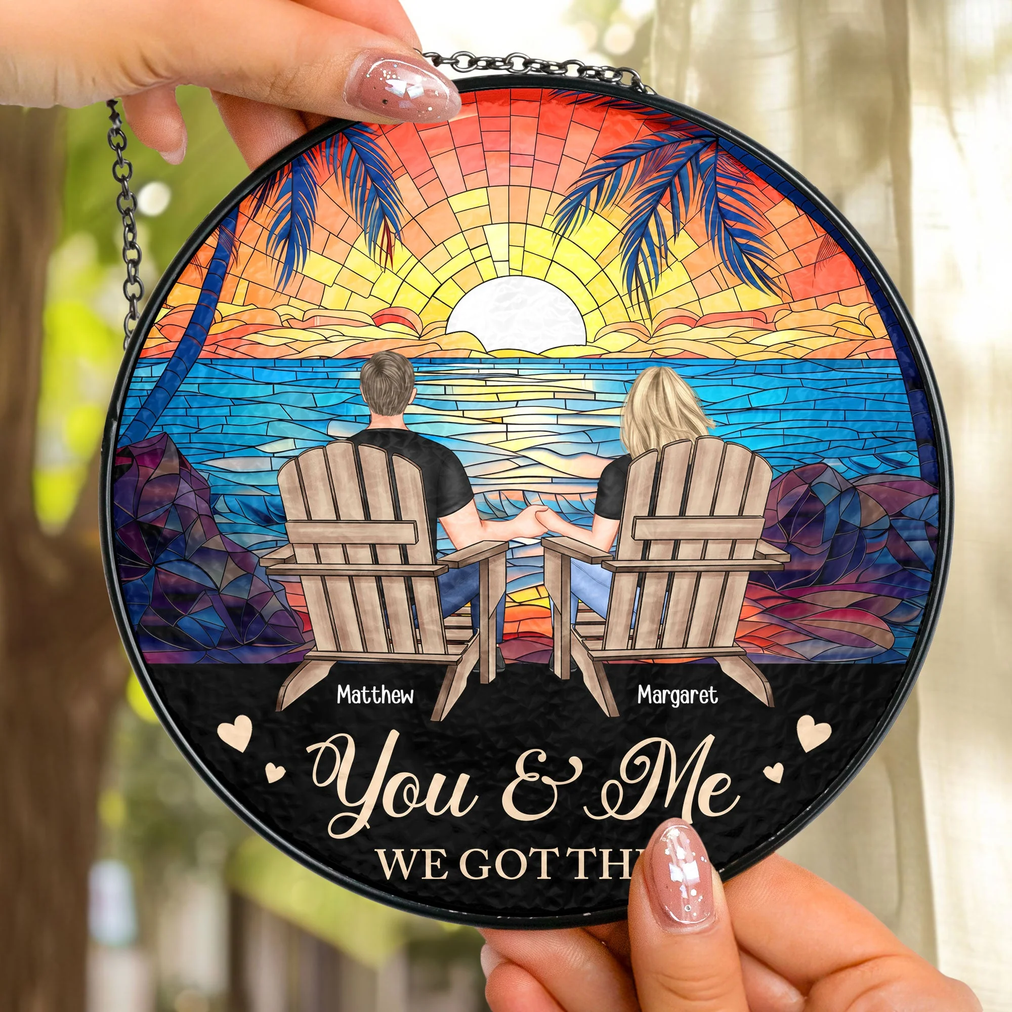 Custom Couple Glass Suncatcher Ornament – "You & Me, We Got This" Love Symbol - Image 6