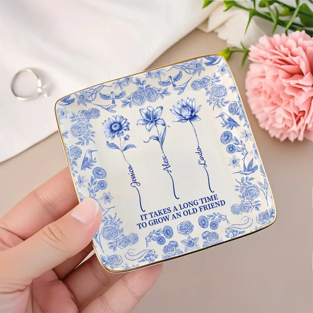 Blue Floral Friendship Jewelry Dish – “It Takes a Long Time to Grow an Old Friend” - Image 5