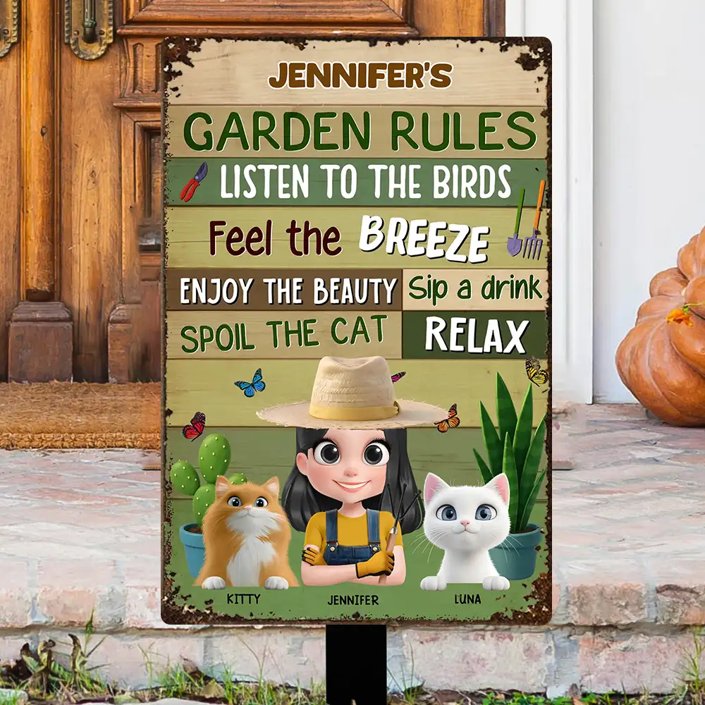 Garden Rules Metal Sign – Personalized Rectangular Iron Sign for Plant Lovers and Cat Moms - Image 2