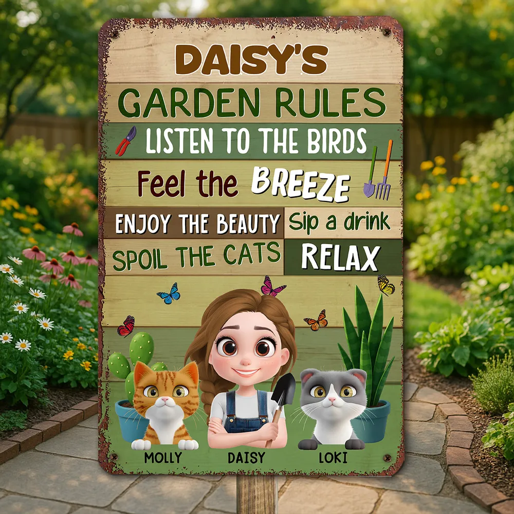 Garden Rules Metal Sign – Personalized Rectangular Iron Sign for Plant Lovers and Cat Moms - Image 3