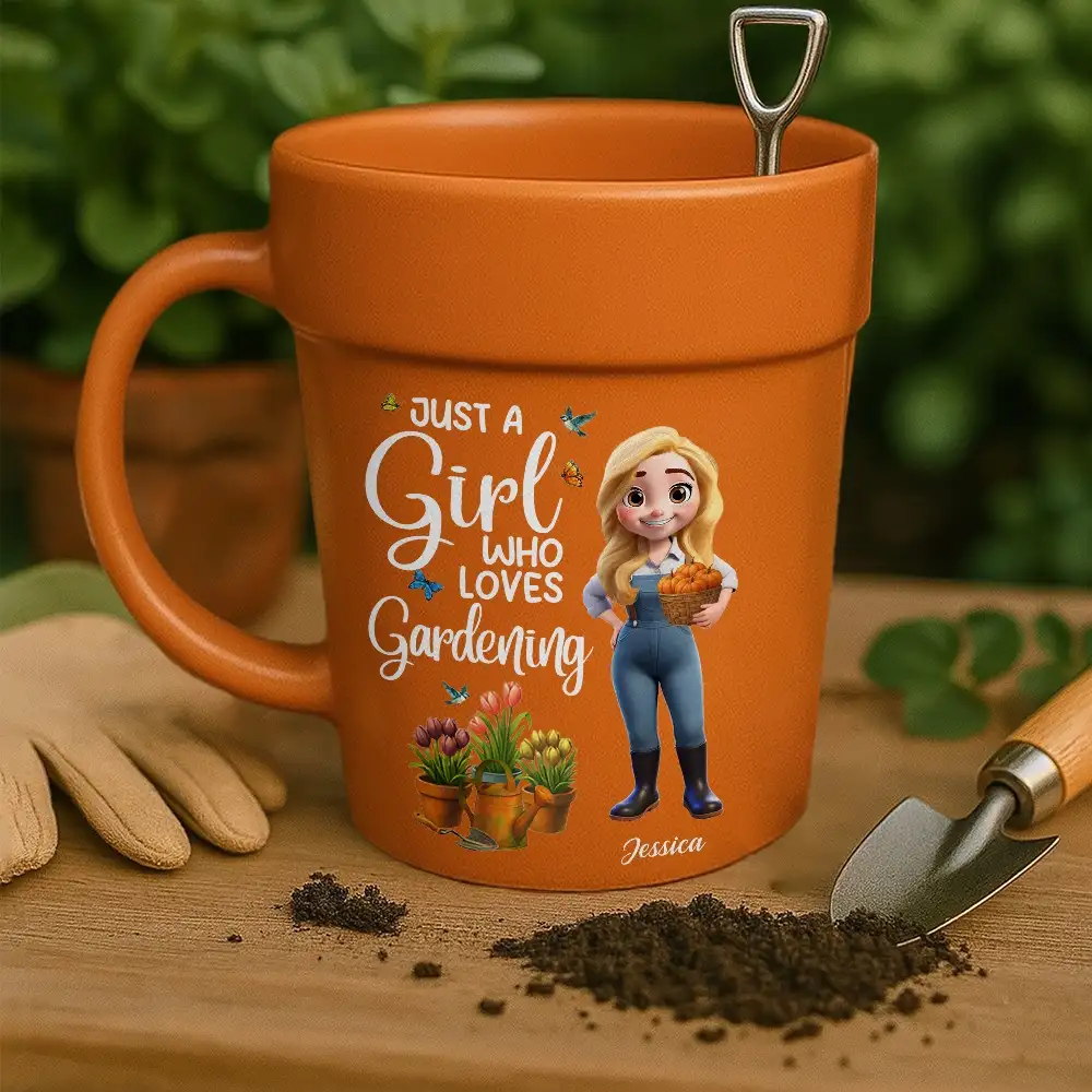 “Just a Girl Who Loves Gardening” Plant Pot Mug with Spoon – Custom Gardener