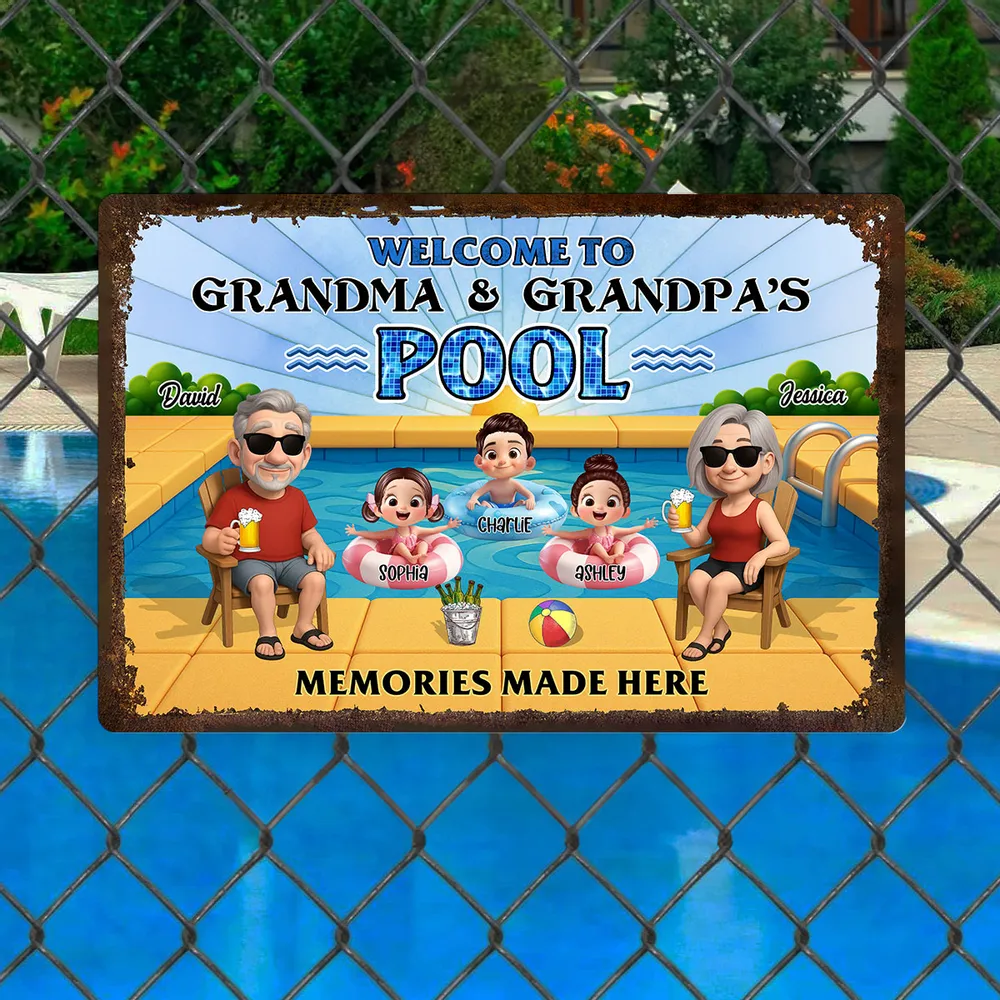 “Welcome to Grandpa & Grandma’s Pool” Custom Rectangular Iron Sign
