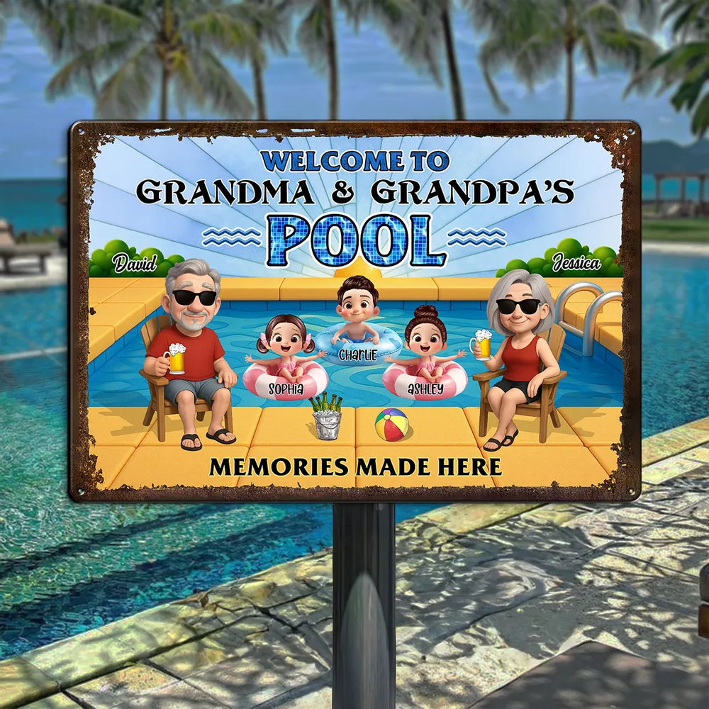 “Welcome to Grandpa & Grandma’s Pool” Custom Rectangular Iron Sign - Image 2