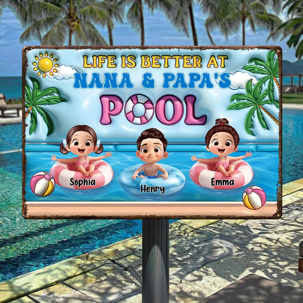 Life Is Better At Nana & Papa's Pool – Personalized Rectangular Iron Sign, Summer Poolside Gift For Grandparents - Image 3