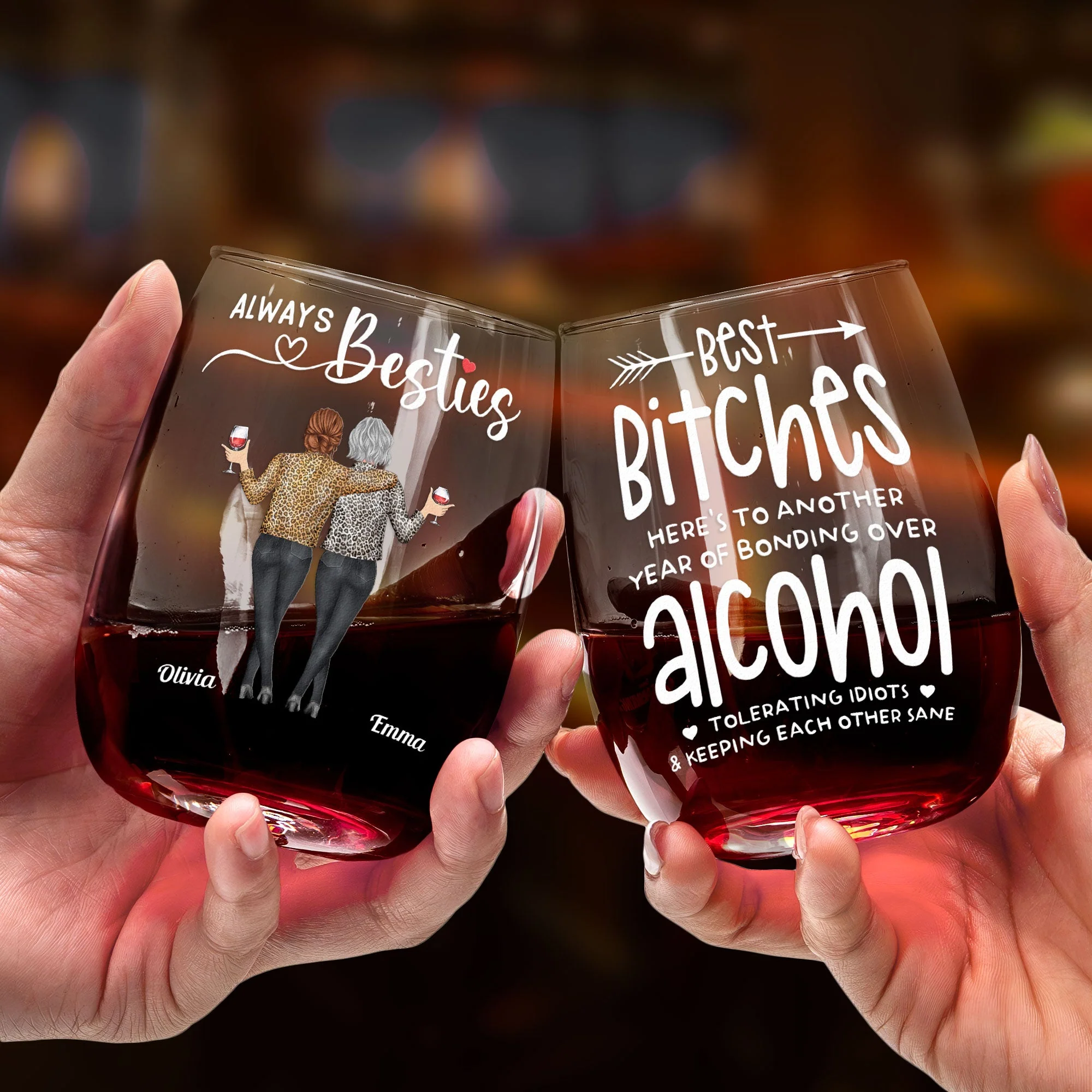 Best Bitches Wine Glass – Custom Birthday Gift for Sisters or Best Friends, Tolerating Idiots Together - Image 6
