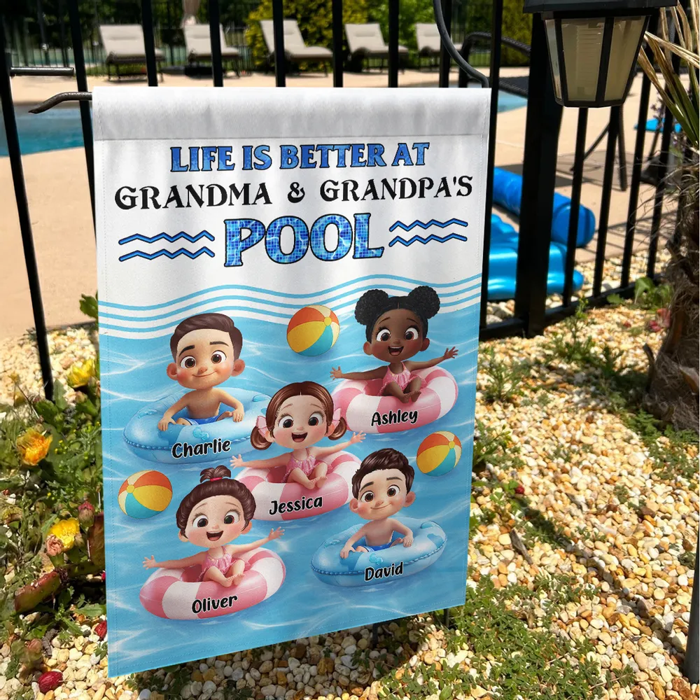 Life Is Better At Grandma & Grandpa’s Pool – Personalized Garden Flag with Kids in Floaties – Summer Gift for Grandparents - Image 3
