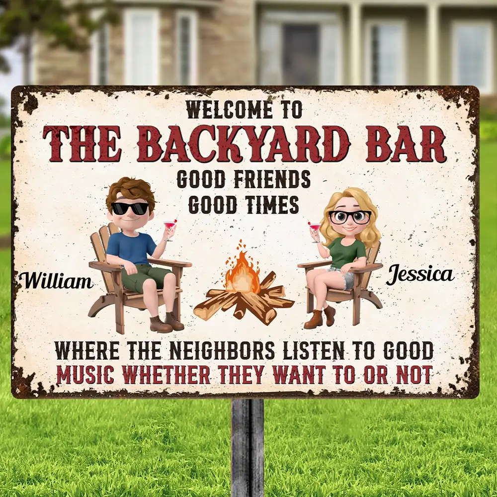 Welcome to The Backyard Bar Rectangular Iron Sign – Personalized Couple's Gift for Home Decor - Image 2
