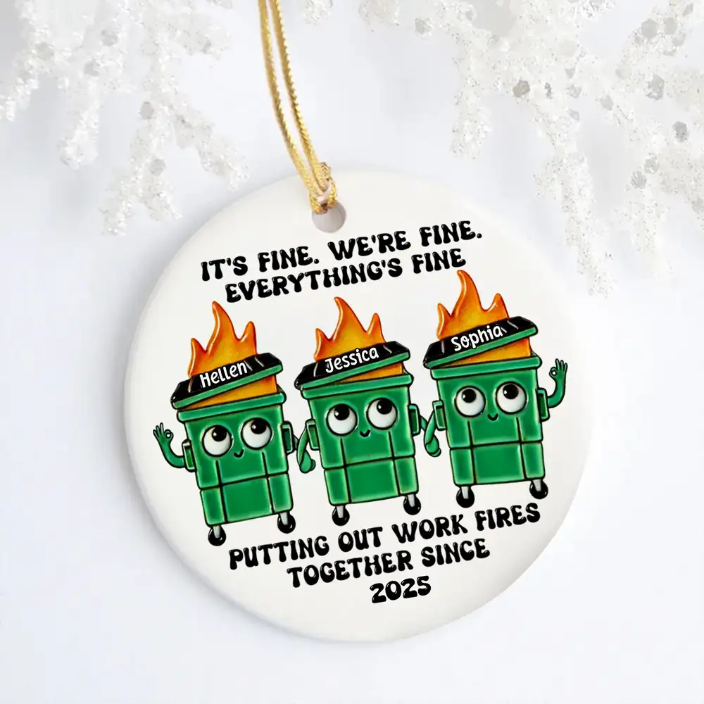 Personalized Ceramic Ornament with Funny Dumpster Fire Characters, Unique Coworker Gift for Office Friends & Work Besties - Image 2
