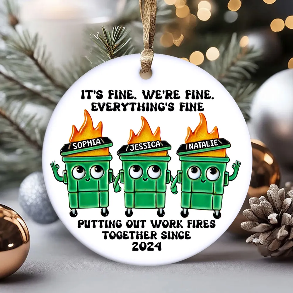 Personalized Ceramic Ornament with Funny Dumpster Fire Characters, Unique Coworker Gift for Office Friends & Work Besties - Image 3
