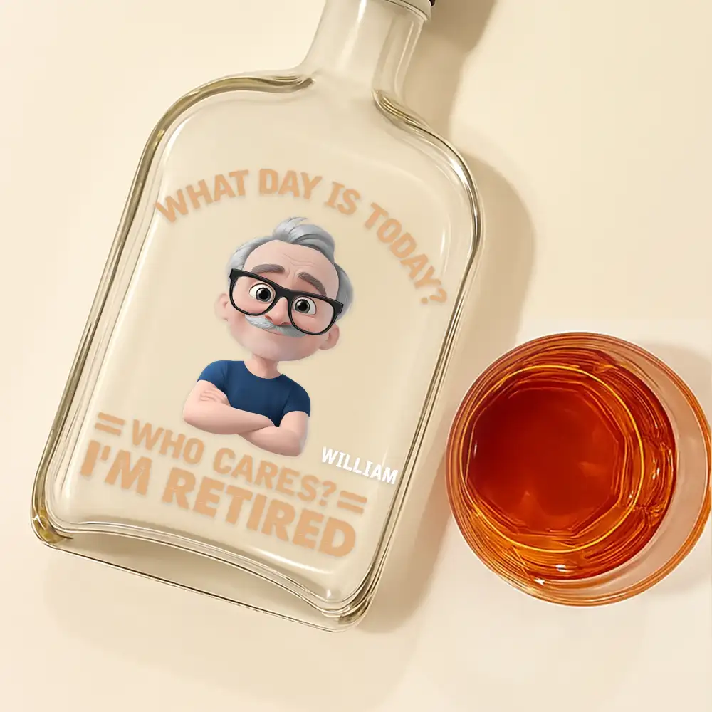 “Who Cares? I’m Retired” – Personalized Glass Spirits Decanter for Dad & Husband - Image 2