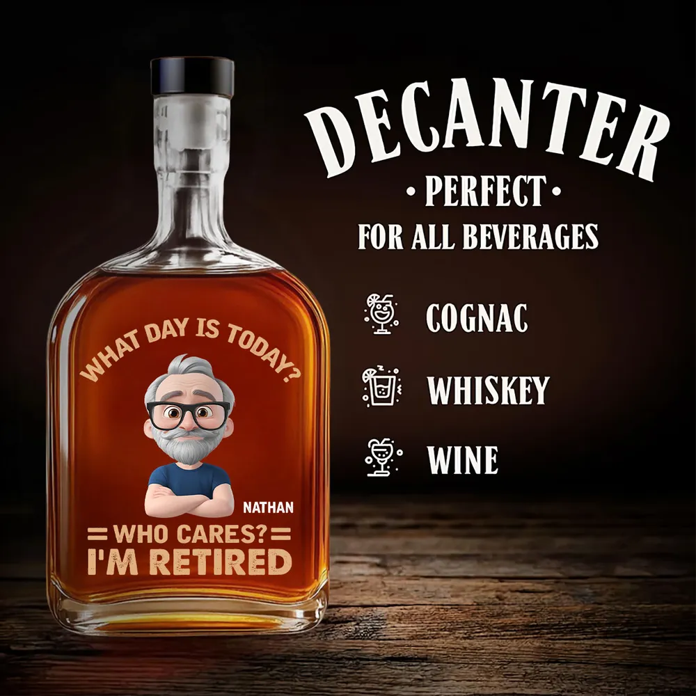 “Who Cares? I’m Retired” – Personalized Glass Spirits Decanter for Dad & Husband - Image 6