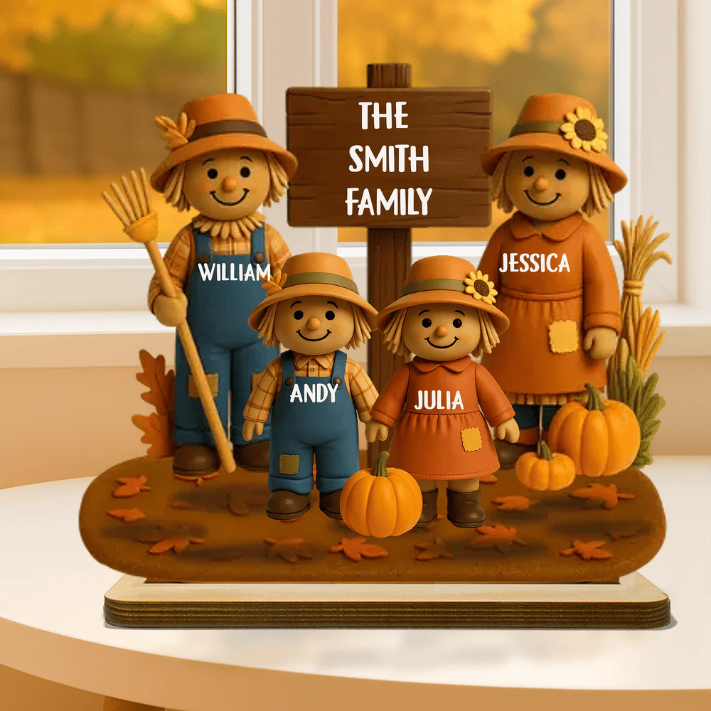 Personalized Scarecrow Family Wooden Plaque – Cozy Harvest Décor for Home
