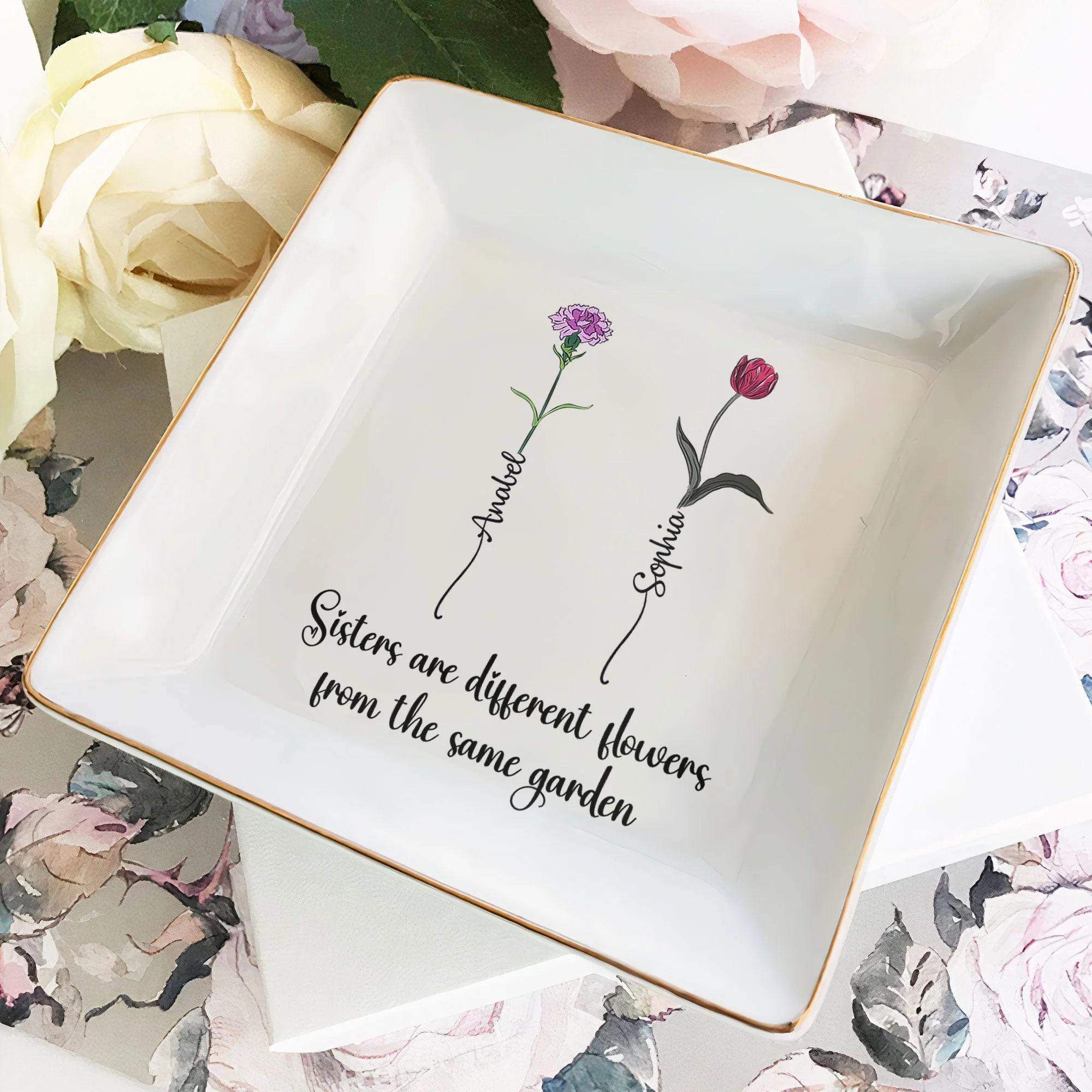 Sisters Are Different Flowers Jewelry Dish – Personalized Floral Gift for Sister with Names - Image 6