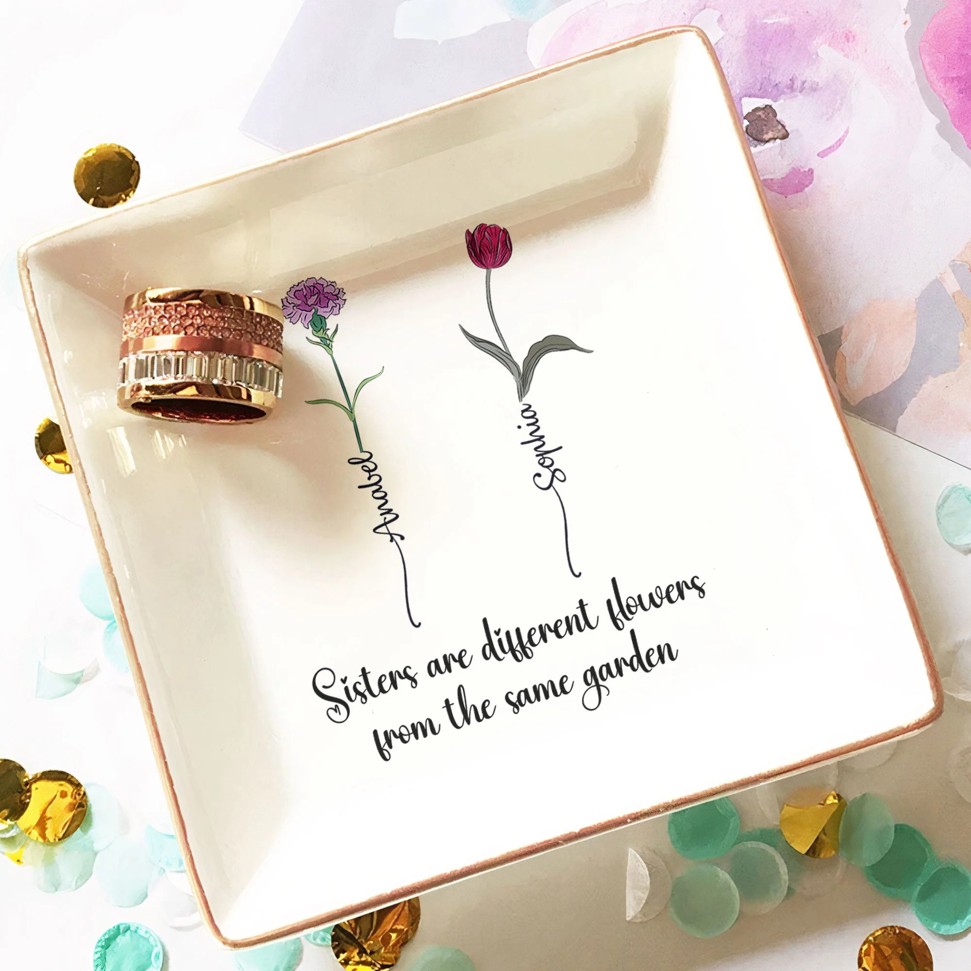 Sisters Are Different Flowers Jewelry Dish – Personalized Floral Gift for Sister with Names - Image 7