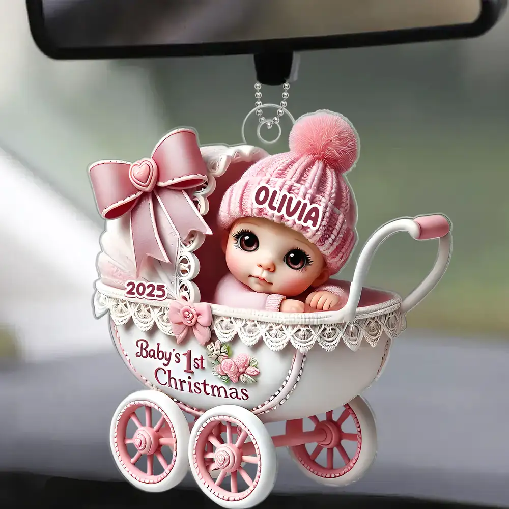 Custom Baby Girl Christmas Car Hanger – Pink Stroller Ornament for Newborn or Grandbaby - Image 2