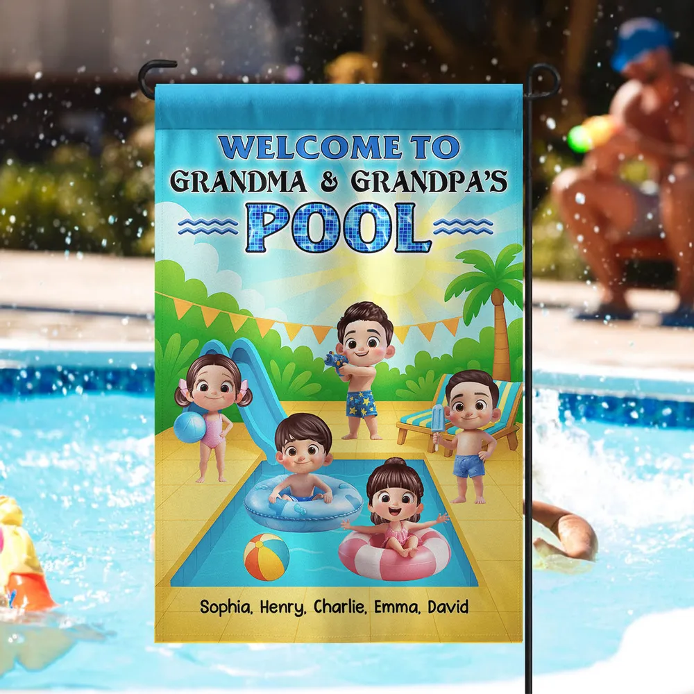 Welcome To Grandma & Grandpa’s Pool Garden Flag – Custom Family Pool Party Decor, Summer Gift for Grandparents from Grandkids - Image 5
