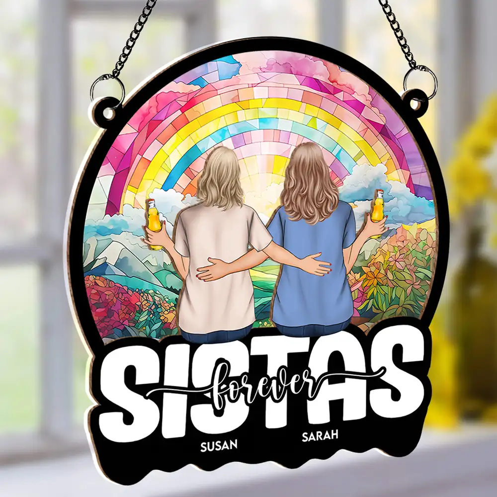 Sisters Forever – Personalized Wood and Acrylic Layered Ornament with Rainbow Design - Image 2